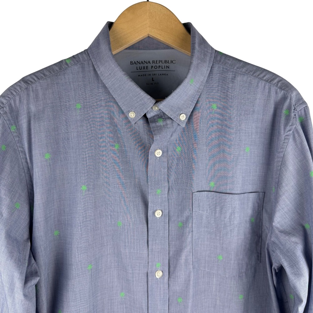 Banana Republic Luxe Poplin Shirt Mens L Slim Fit Palm Tree Print Button Down